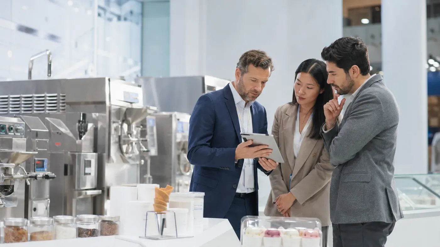 Ice cream industry professionals reviewing gelato production equipment and product samples at an international trade exhibition